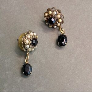 Vintage Gold and Pearl and Black Stone Earrings